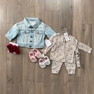 Baby Girl Gift Set (Light Wash Denim Jacket + Neutral Polka Dot Outfit + Shoes)